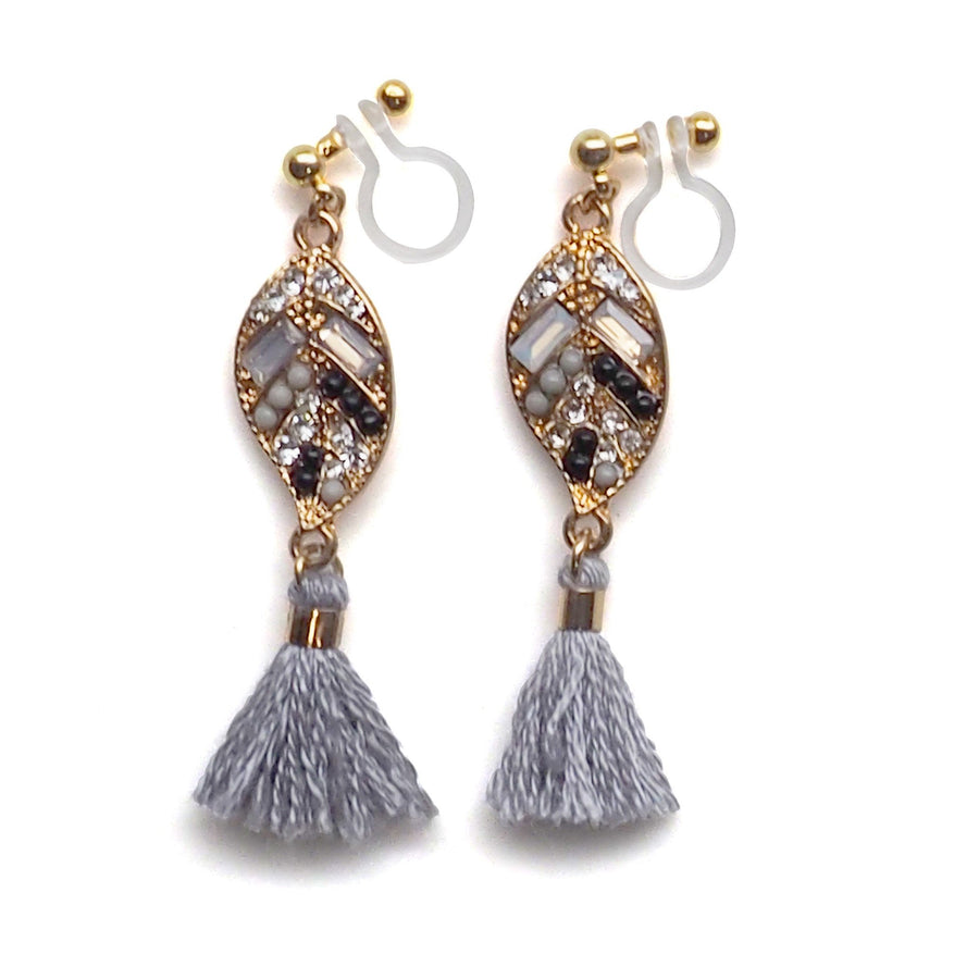 Dangle gold leaf rhinestone and gray tassel invisible clip on earrings - miyabigracejewelry.com