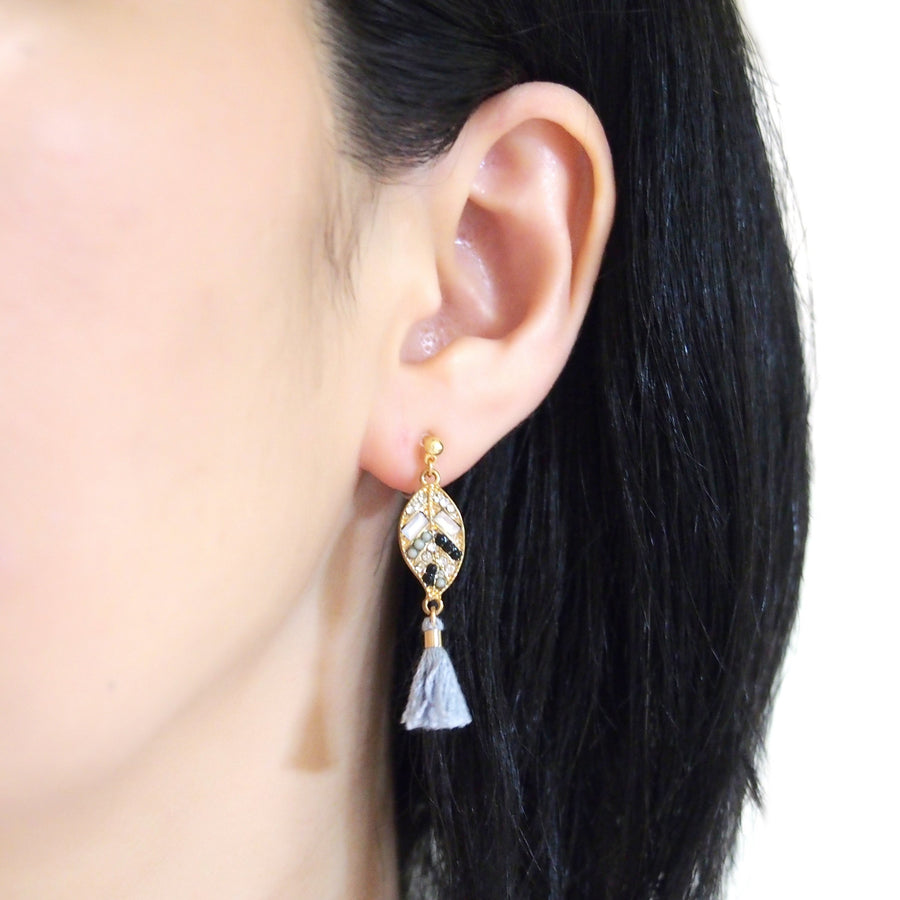 Dangle gold leaf rhinestone and gray tassel invisible clip on earrings - miyabigracejewelry.com