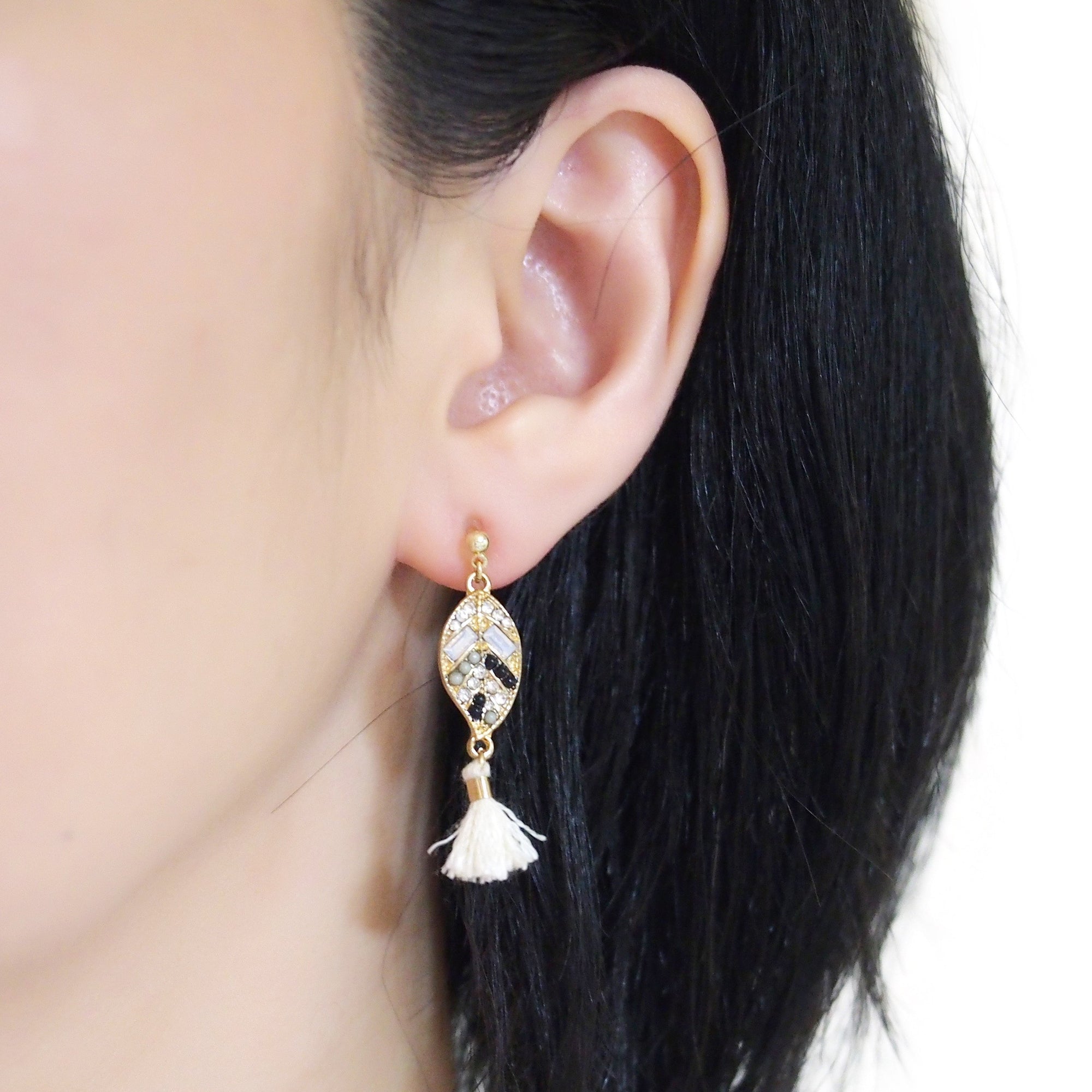 Dangle gold leaf rhinestone and white tassel invisible clip on earrings - miyabigracejewelry.com