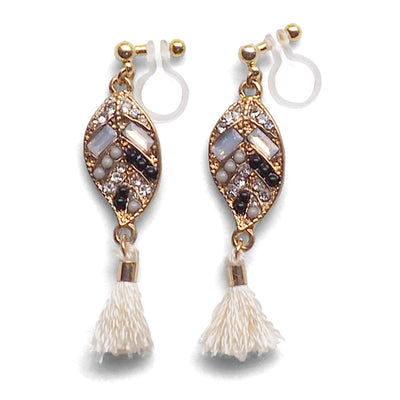 Dangle gold leaf rhinestone and white tassel invisible clip on earrings - miyabigracejewelry.com