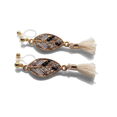 Dangle gold leaf rhinestone and white tassel invisible clip on earrings - miyabigracejewelry.com