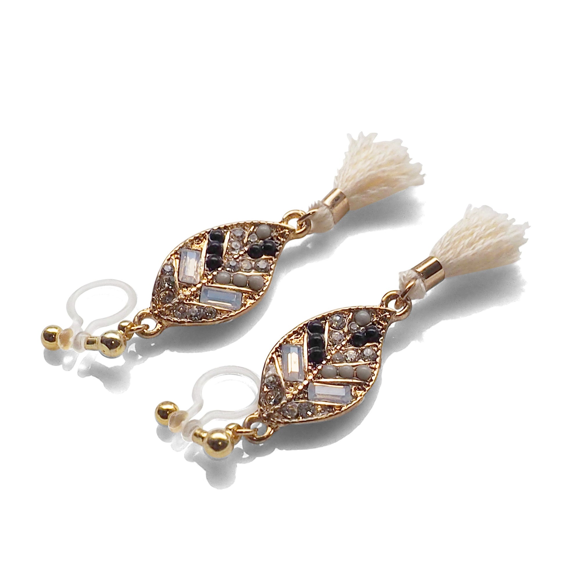 Dangle gold leaf rhinestone and white tassel invisible clip on earrings - miyabigracejewelry.com