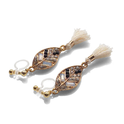 Dangle gold leaf rhinestone and white tassel invisible clip on earrings - miyabigracejewelry.com