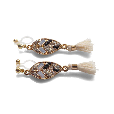 Dangle gold leaf rhinestone and white tassel invisible clip on earrings - miyabigracejewelry.com