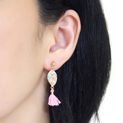 Dangle gold leaf rhinestone and pink tassel invisible clip on earrings - miyabigracejewelry.com