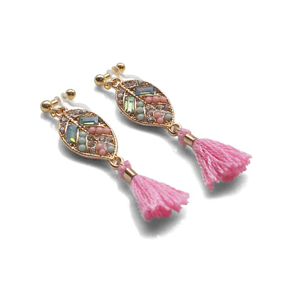 Dangle gold leaf rhinestone and pink tassel invisible clip on earrings - miyabigracejewelry.com