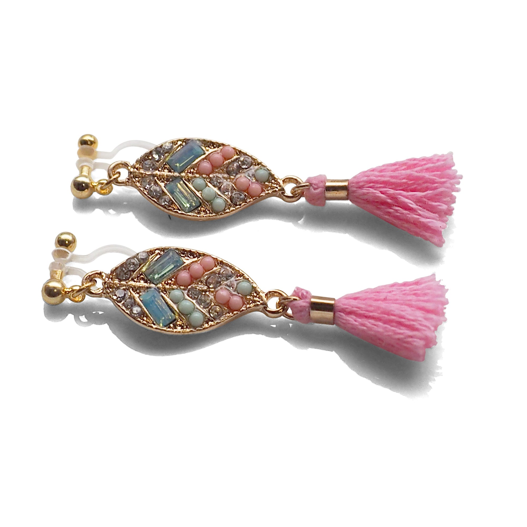 Dangle gold leaf rhinestone and pink tassel invisible clip on earrings - miyabigracejewelry.com
