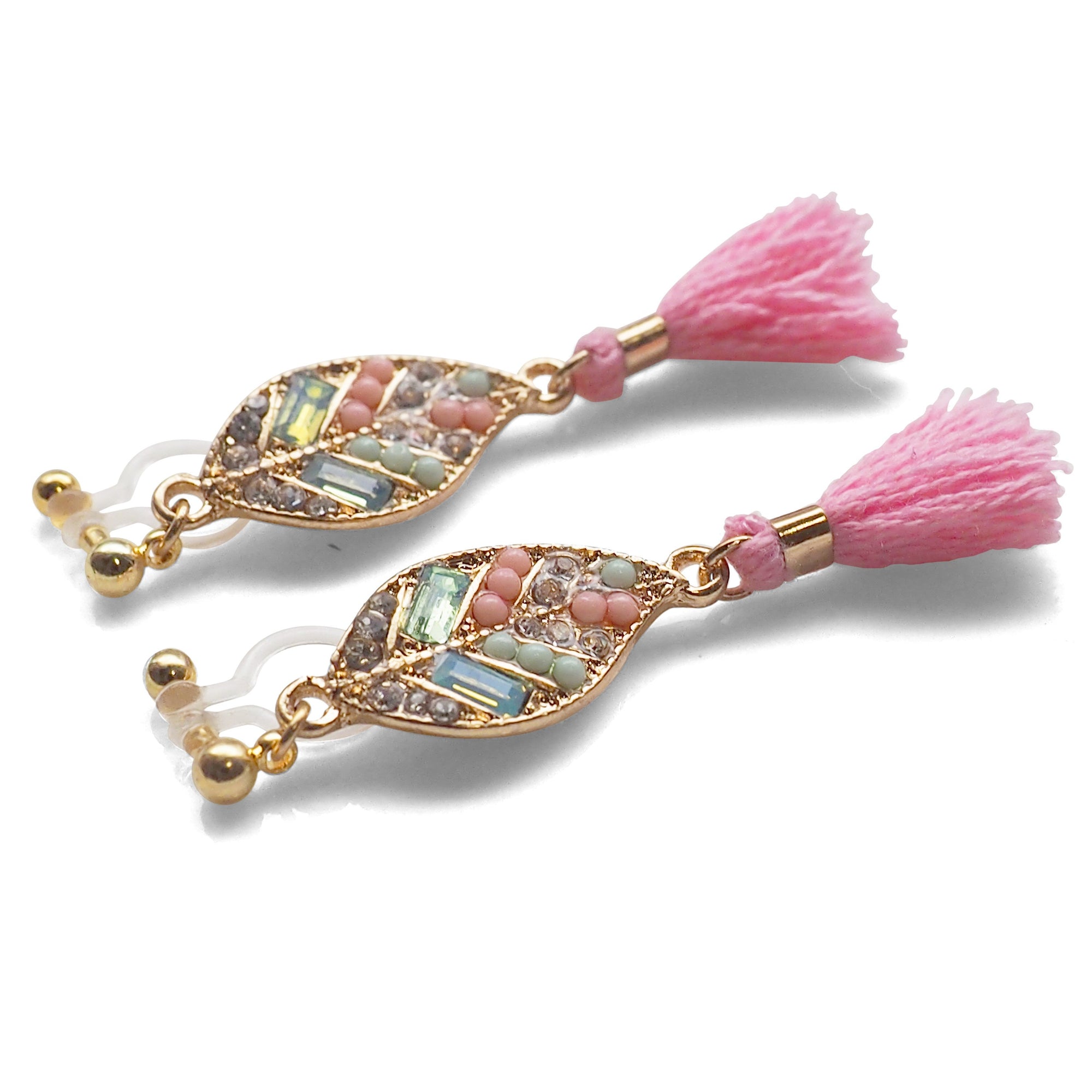 Dangle gold leaf rhinestone and pink tassel invisible clip on earrings - miyabigracejewelry.com