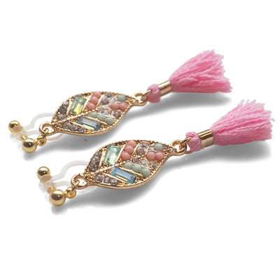 Dangle gold leaf rhinestone and pink tassel invisible clip on earrings - miyabigracejewelry.com