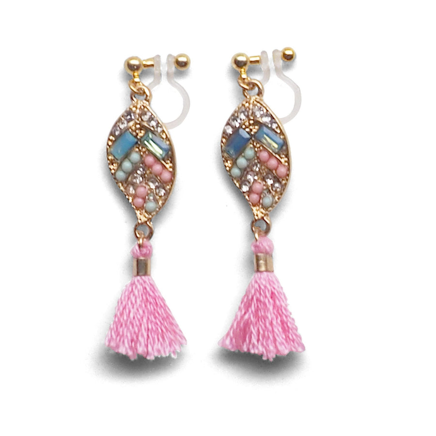 Dangle gold leaf rhinestone and pink tassel invisible clip on earrings - miyabigracejewelry.com