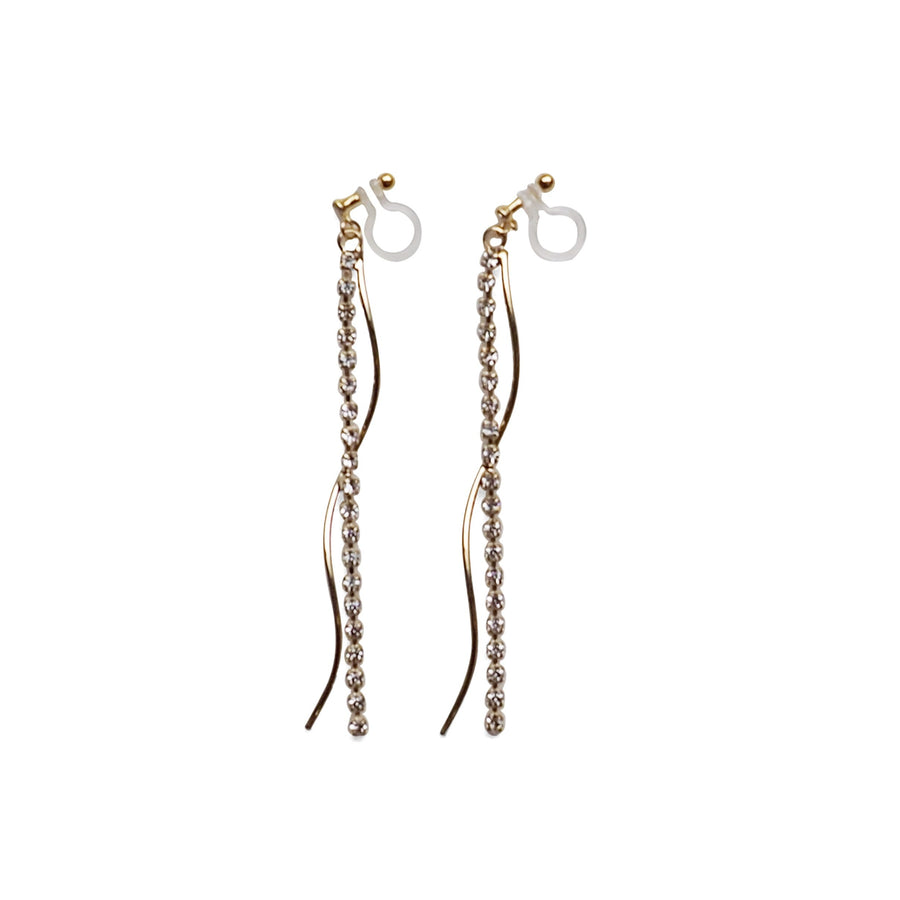 Dangle rhinestone chain and wave bar invisible clip on earrings ( Gold tone ) - miyabigracejewelry.com
