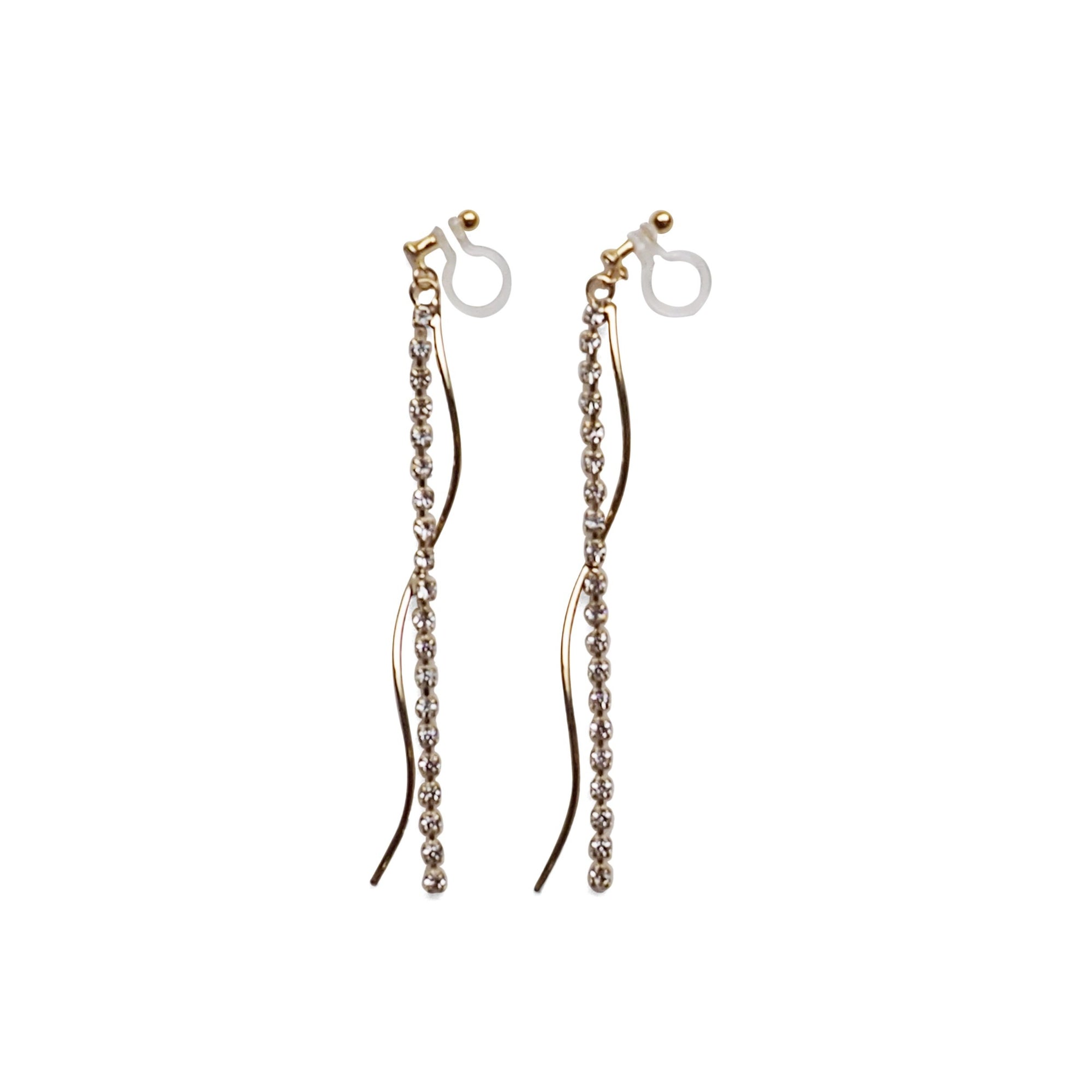 Copy of Dangle rhinestone chain and wave bar invisible clip on earrings ( Gold tone ) - Miyabi Grace