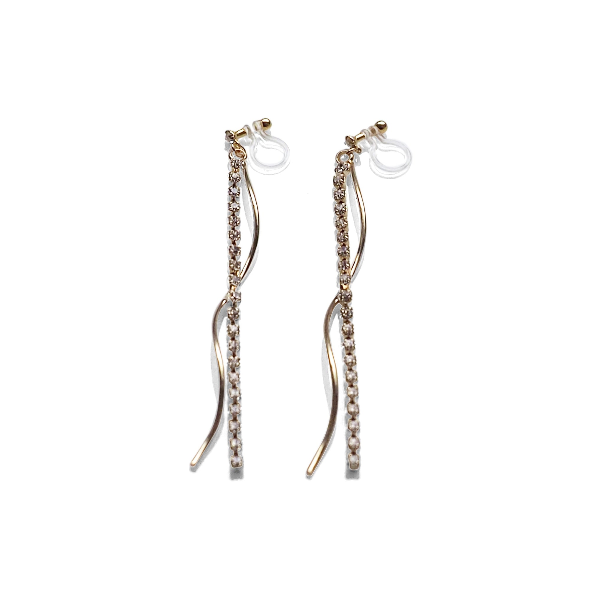 Dangle rhinestone chain and wave bar invisible clip on earrings ( Gold tone ) - miyabigracejewelry.com