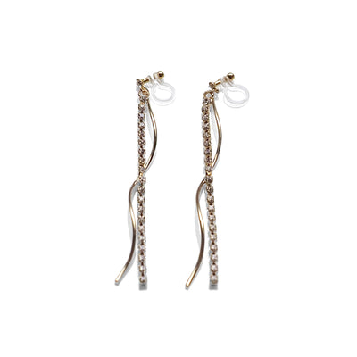 Dangle rhinestone chain and wave bar invisible clip on earrings ( Gold tone ) - miyabigracejewelry.com