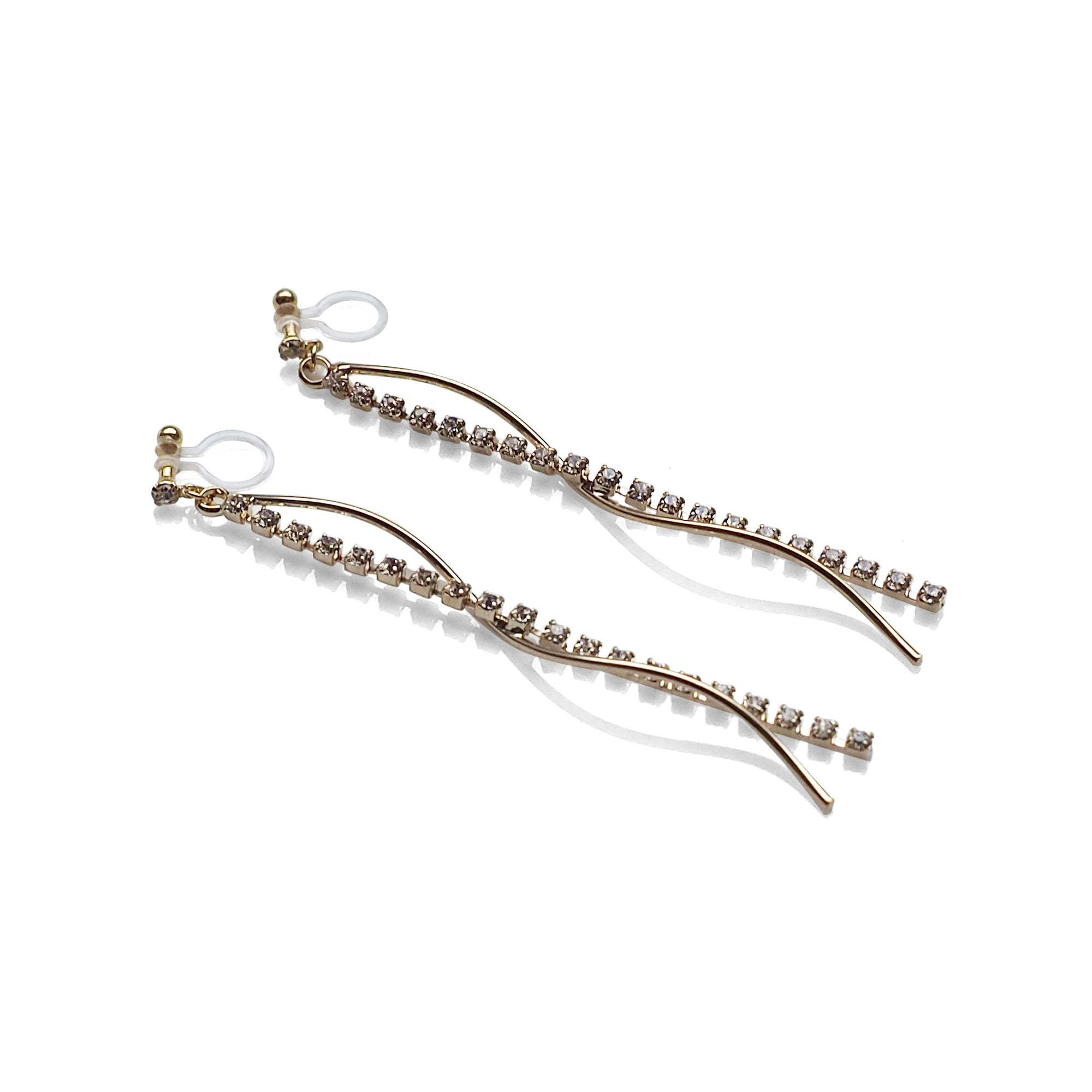 Dangle rhinestone chain and wave bar invisible clip on earrings ( Gold tone ) - miyabigracejewelry.com
