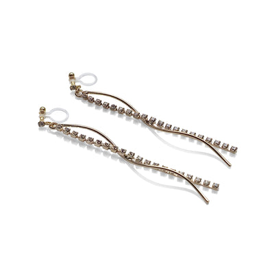 Copy of Dangle rhinestone chain and wave bar invisible clip on earrings ( Gold tone ) - Miyabi Grace