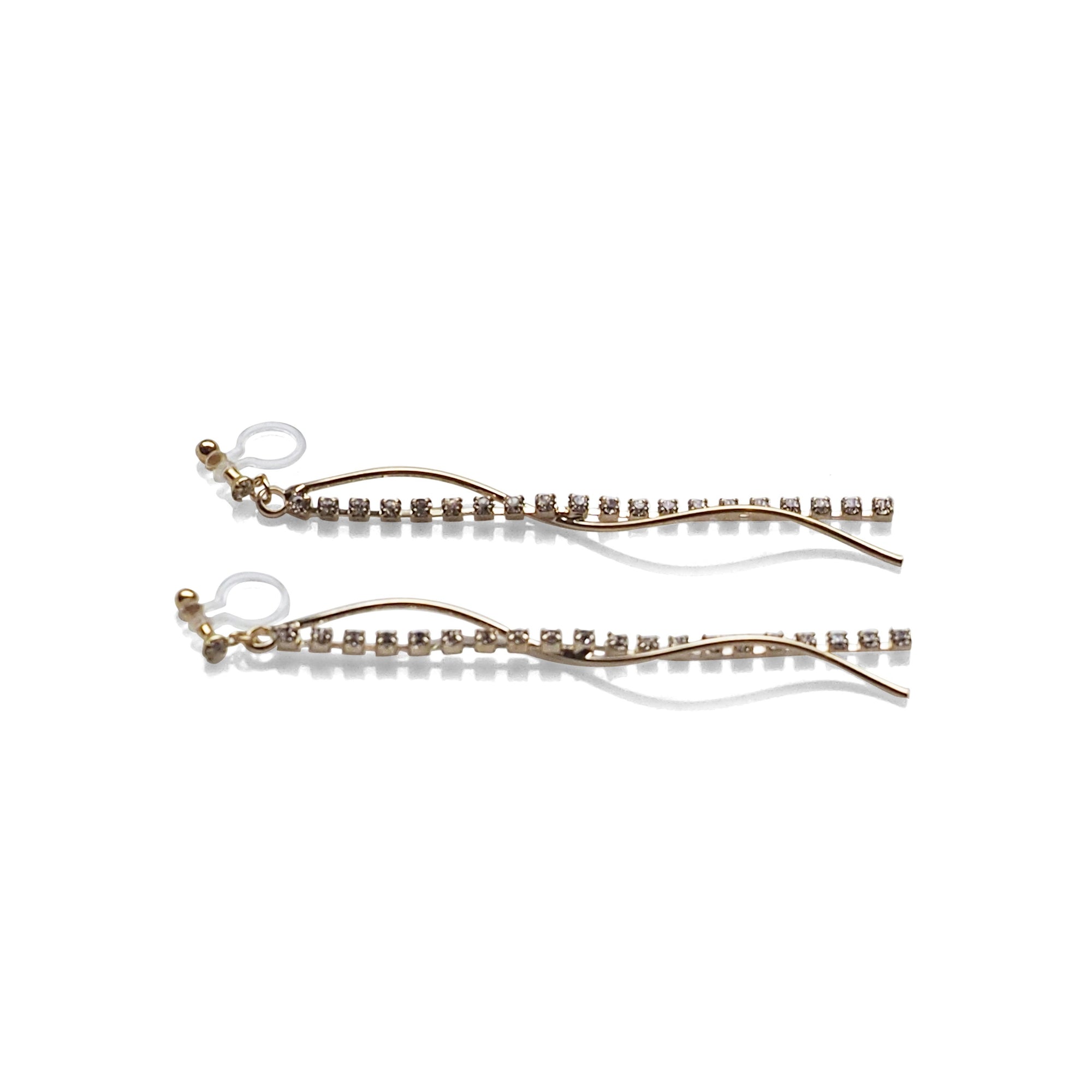 Dangle rhinestone chain and wave bar invisible clip on earrings ( Gold tone ) - miyabigracejewelry.com