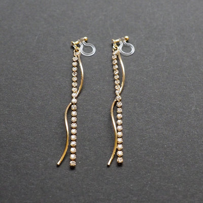 Dangle rhinestone chain and wave bar invisible clip on earrings ( Gold tone ) - miyabigracejewelry.com