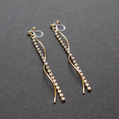 Dangle rhinestone chain and wave bar invisible clip on earrings ( Gold tone ) - miyabigracejewelry.com
