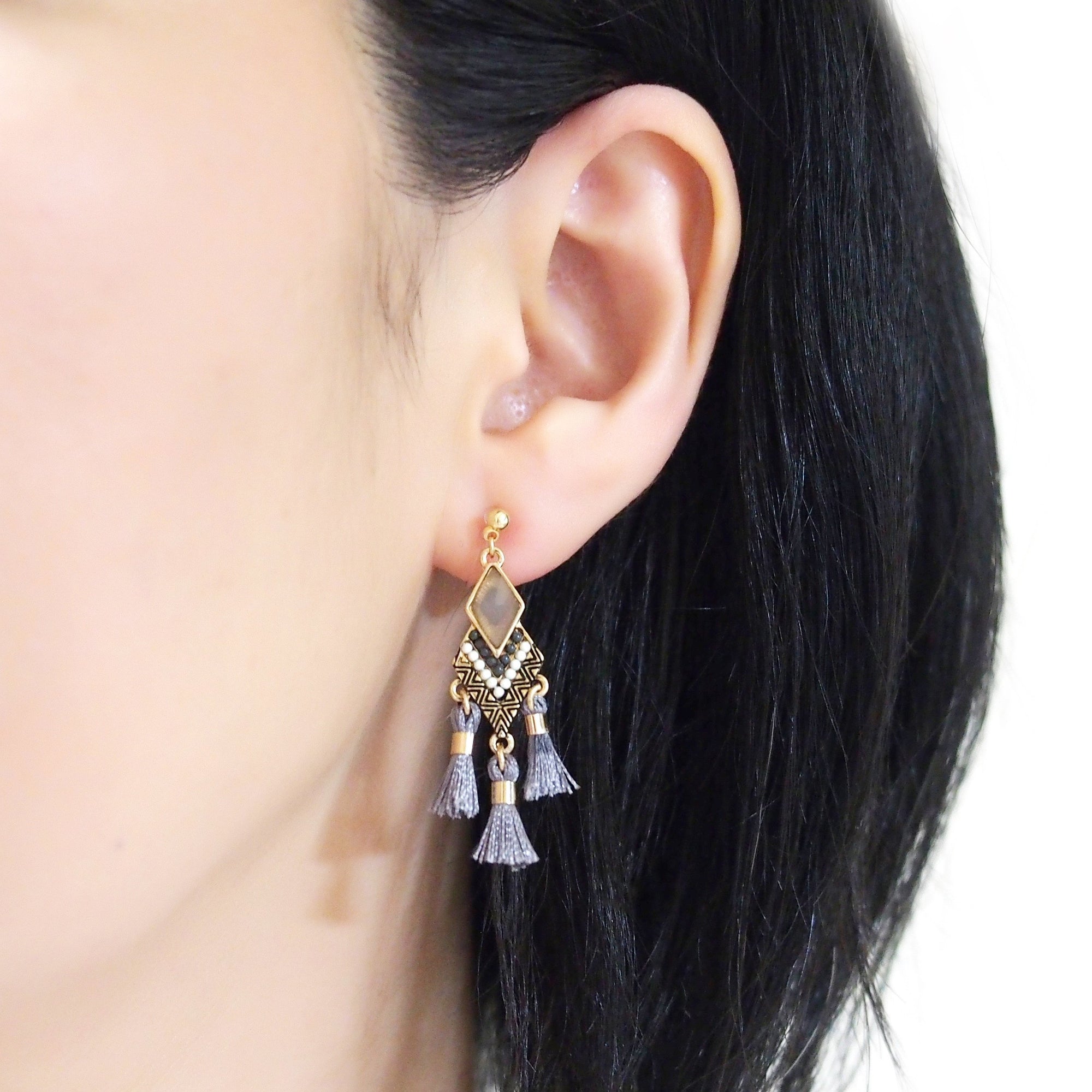 Dangle gold ethnic gray rhinestone and tassel invisible clip on earrings - miyabigracejewelry.com