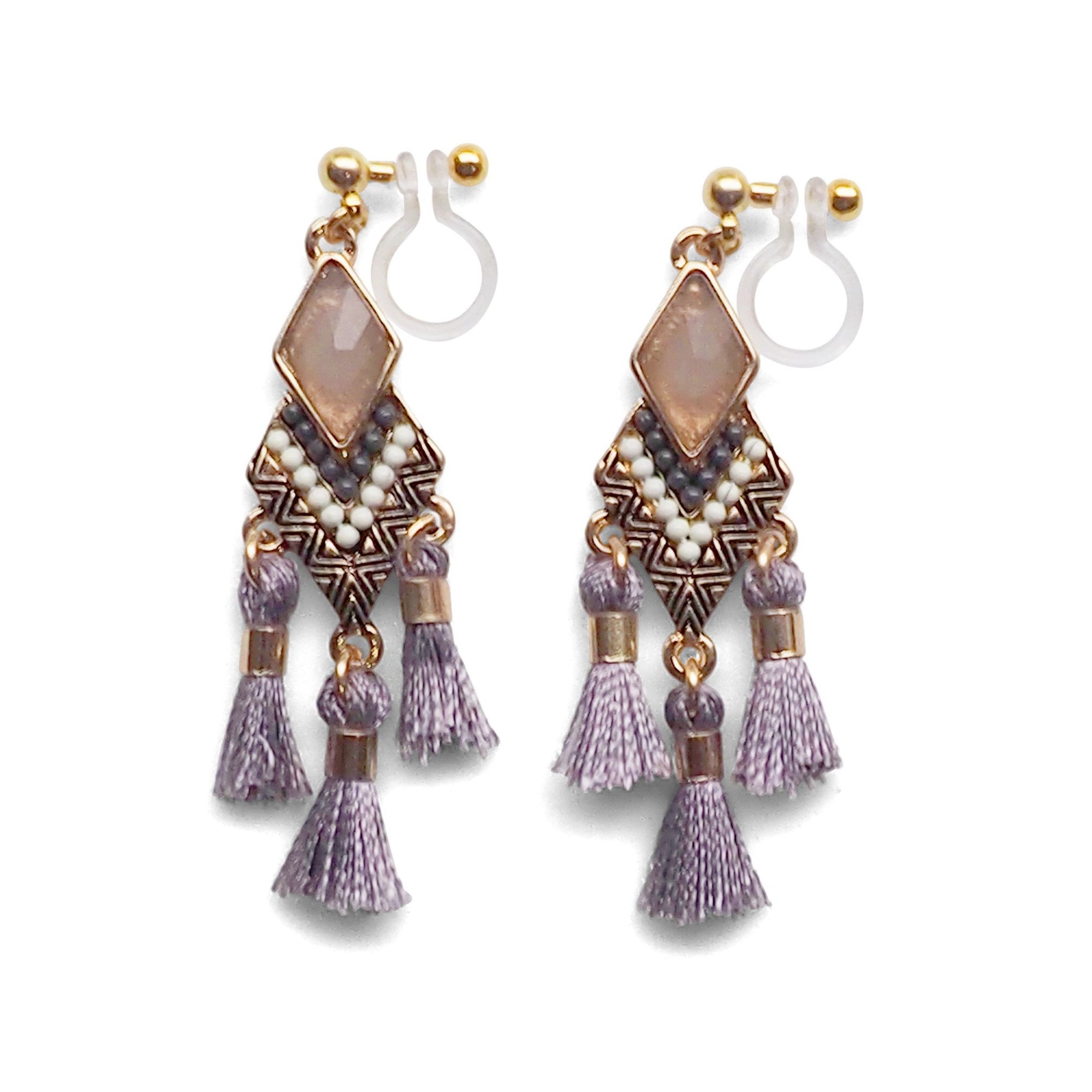 Dangle gold ethnic gray rhinestone and tassel invisible clip on earrings - miyabigracejewelry.com