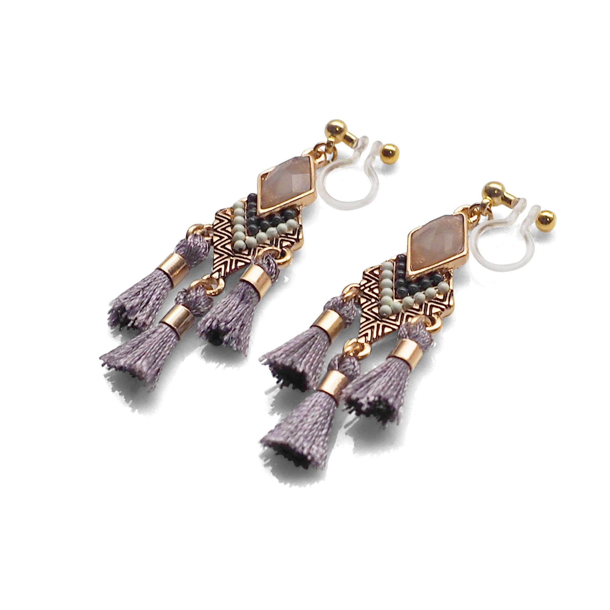 Dangle gold ethnic gray rhinestone and tassel invisible clip on earrings - miyabigracejewelry.com