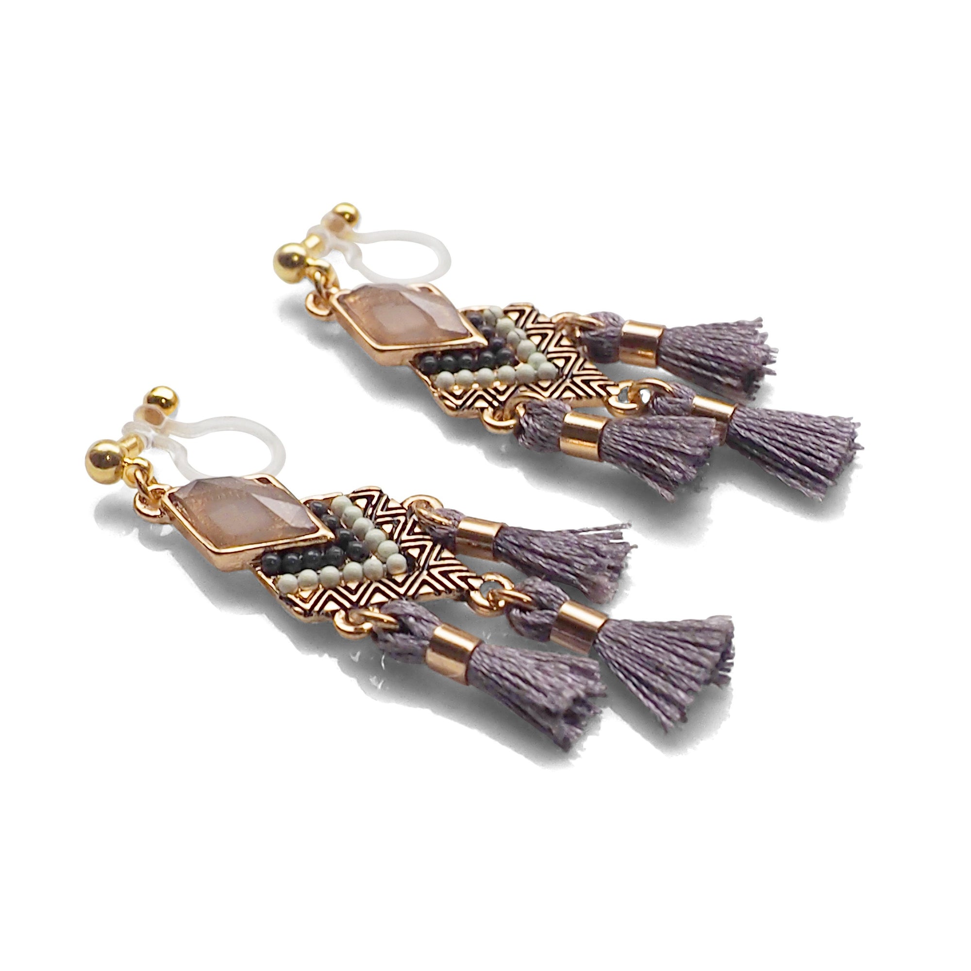 Dangle gold ethnic gray rhinestone and tassel invisible clip on earrings - miyabigracejewelry.com