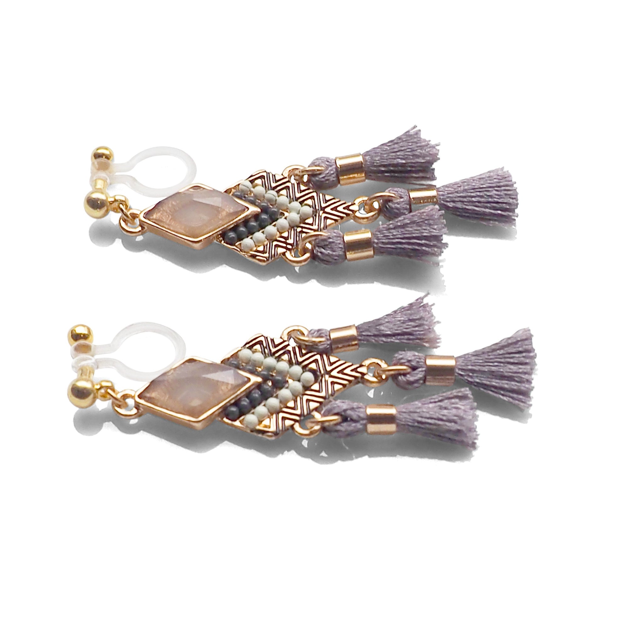 Dangle gold ethnic gray rhinestone and tassel invisible clip on earrings - miyabigracejewelry.com