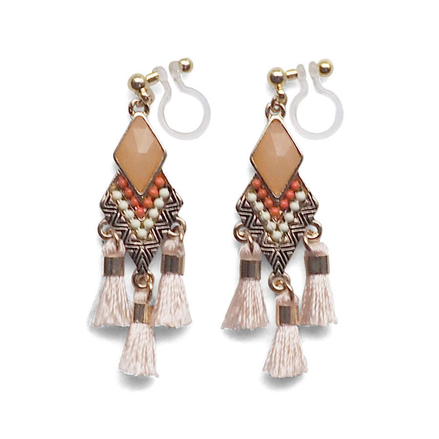 Dangle gold ethnic light orange rhinestone and tassel invisible clip on earrings - miyabigracejewelry.com
