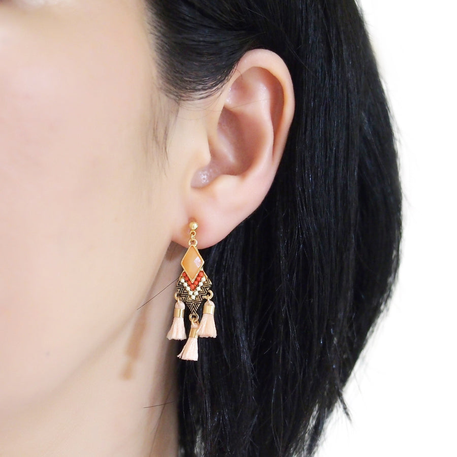 Dangle gold ethnic light orange rhinestone and tassel invisible clip on earrings - miyabigracejewelry.com
