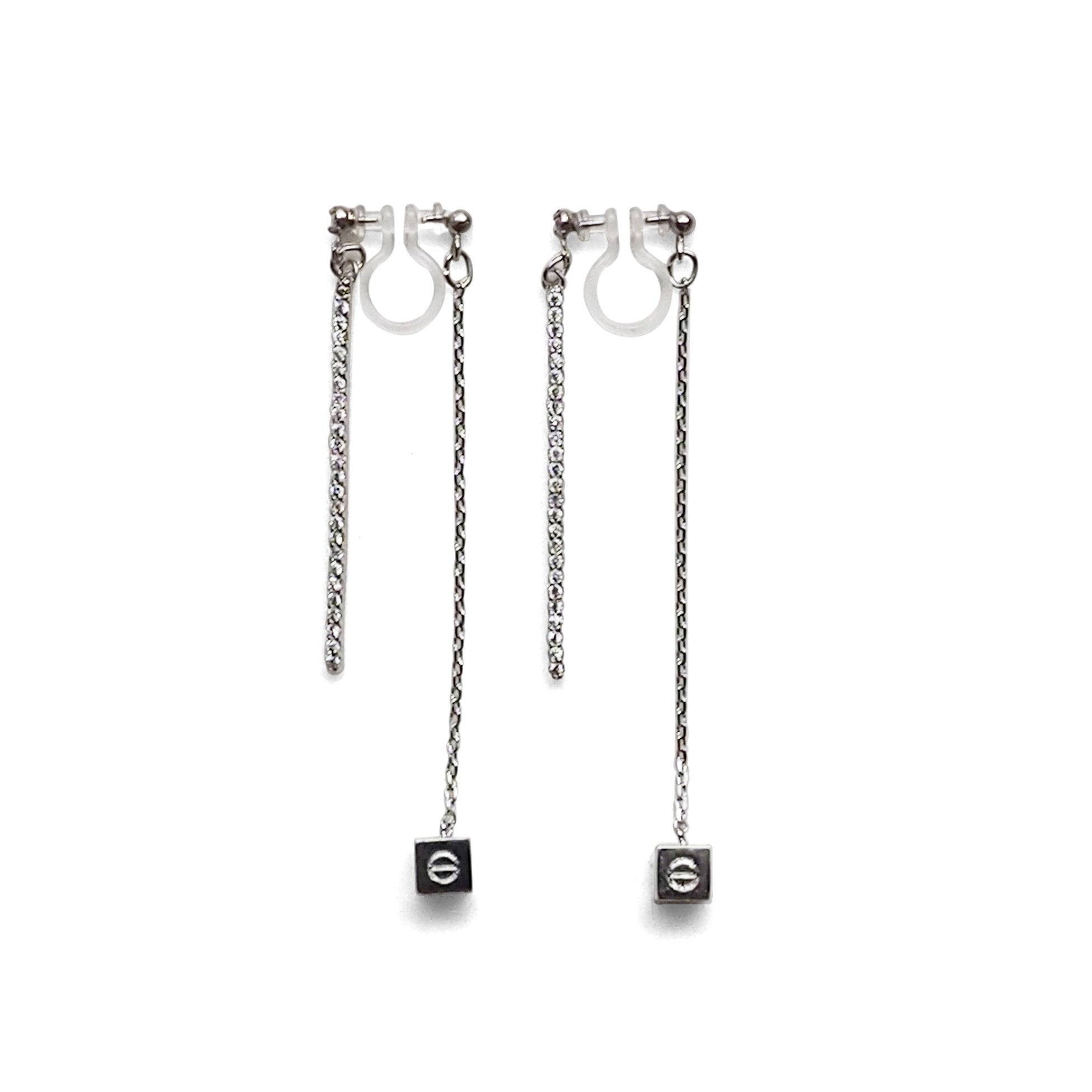 Double sided rhinestone & cube invisible clip on earrings (Silver tone) - miyabigracejewelry.com