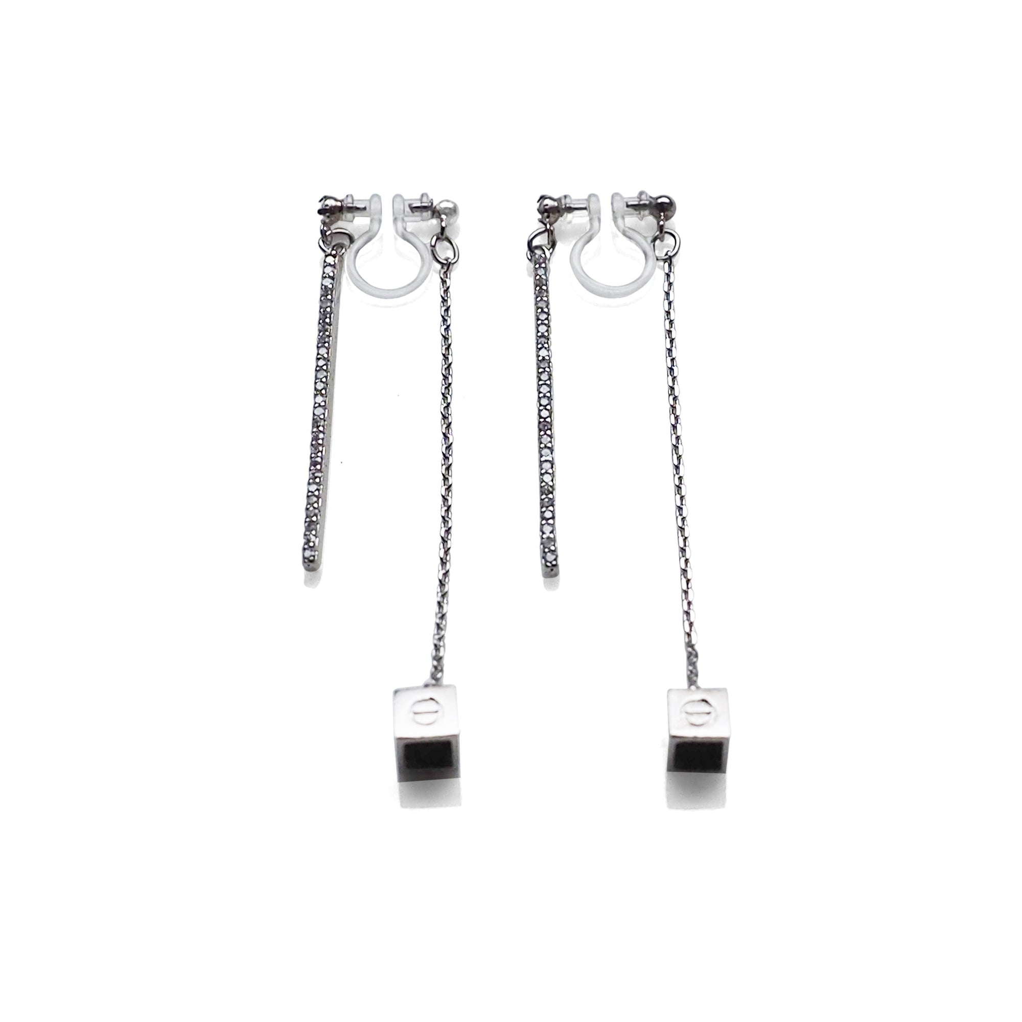 Double sided rhinestone & cube invisible clip on earrings (Silver tone) - miyabigracejewelry.com