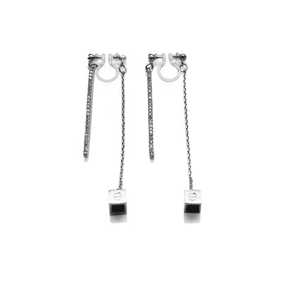 Double sided rhinestone & cube invisible clip on earrings (Silver tone) - miyabigracejewelry.com