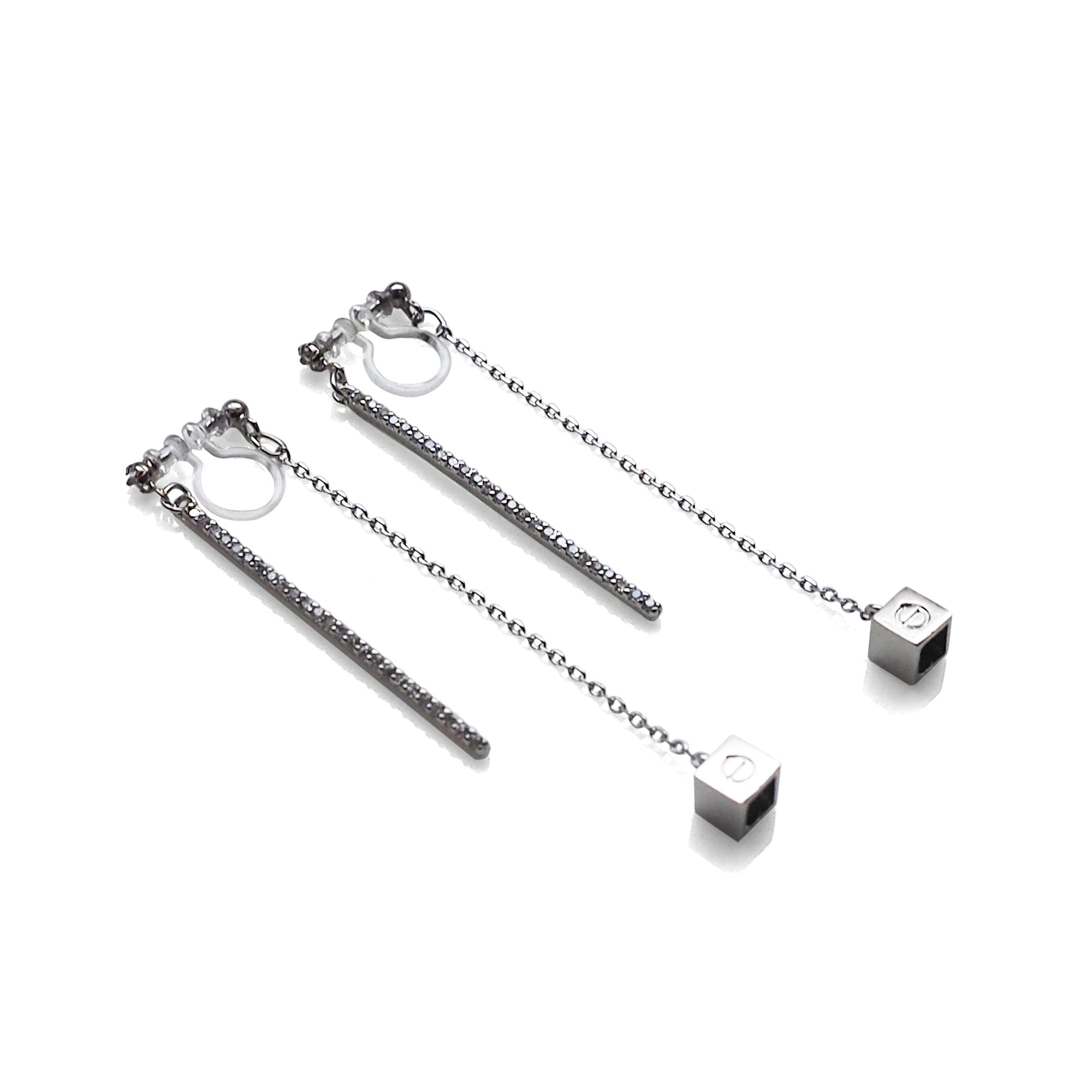 Double sided rhinestone & cube invisible clip on earrings (Silver tone) - miyabigracejewelry.com