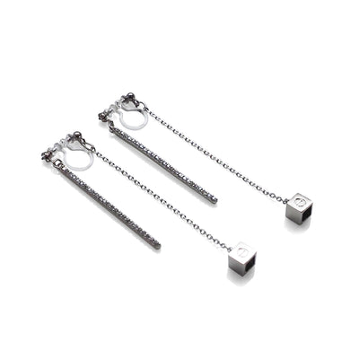 Double sided rhinestone & cube invisible clip on earrings (Silver tone) - miyabigracejewelry.com