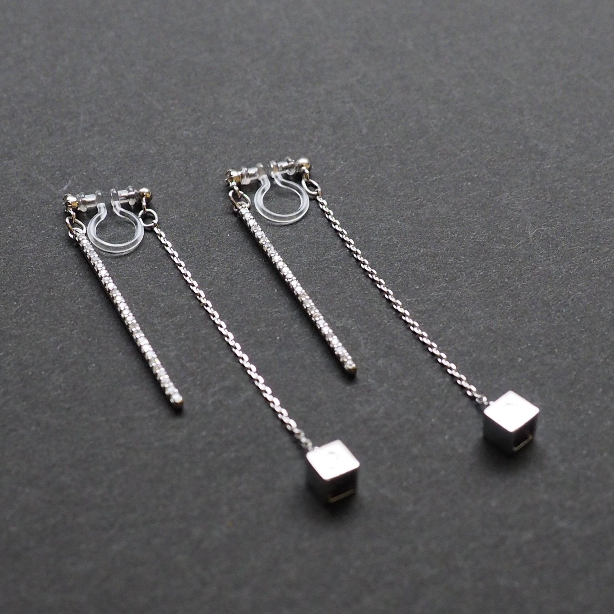 Double sided rhinestone & cube invisible clip on earrings (Silver tone) - miyabigracejewelry.com