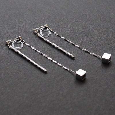 Double sided rhinestone & cube invisible clip on earrings (Silver tone) - miyabigracejewelry.com