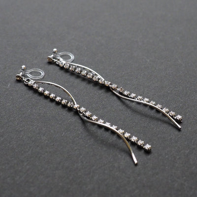 Dangle rhinestone chain and wave bar invisible clip on earrings ( Silver tone ) - miyabigracejewelry.com