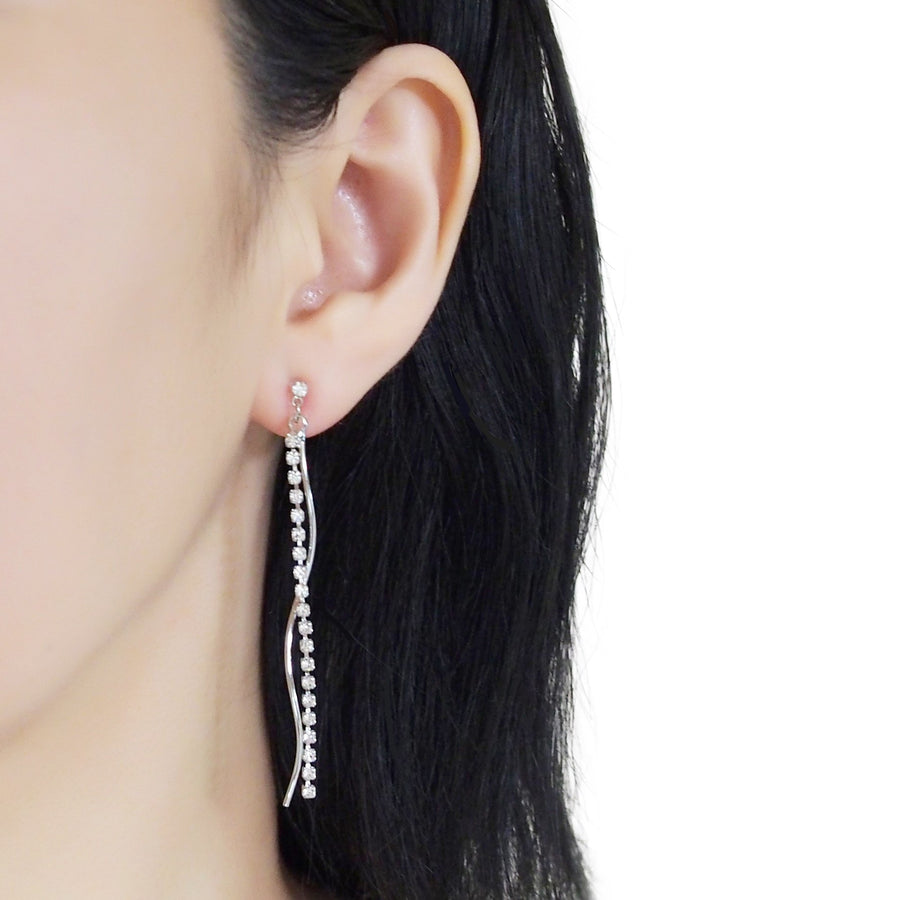 Dangle rhinestone chain and wave bar invisible clip on earrings ( Silver tone ) - miyabigracejewelry.com