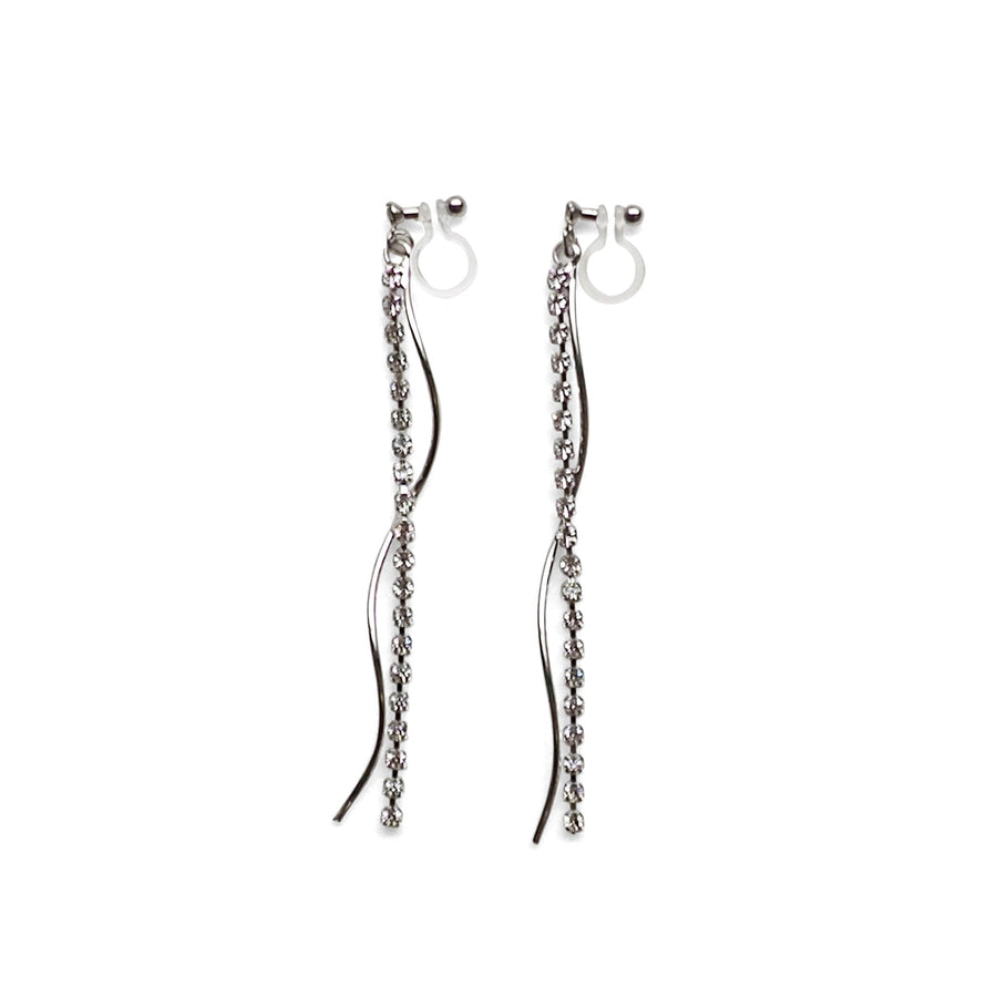 Dangle rhinestone chain and wave bar invisible clip on earrings ( Silver tone ) - miyabigracejewelry.com