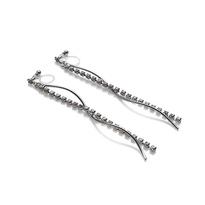 Dangle rhinestone chain and wave bar invisible clip on earrings ( Silver tone ) - miyabigracejewelry.com