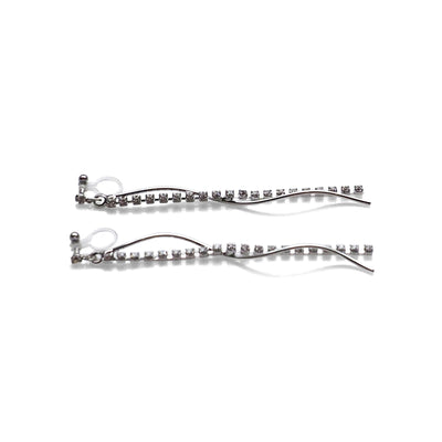Dangle rhinestone chain and wave bar invisible clip on earrings ( Silver tone ) - miyabigracejewelry.com