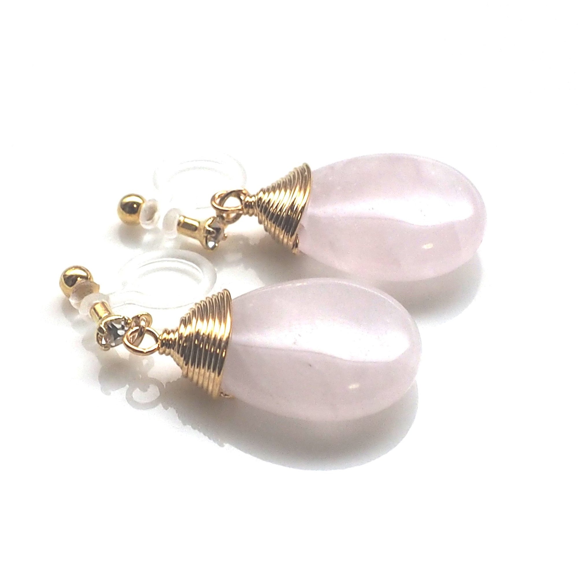 Rose quartz invisible clip on earrings - miyabigracejewelry.com
