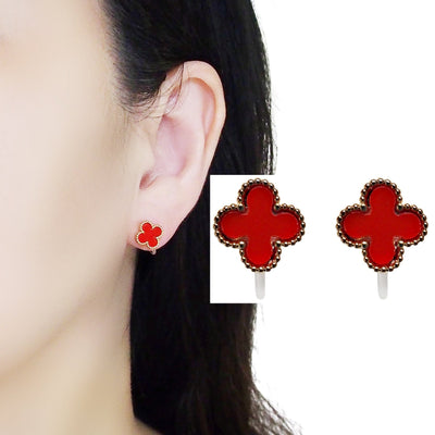 Red Clover Invisible Clip On Stud Earrings ( Gold tone )