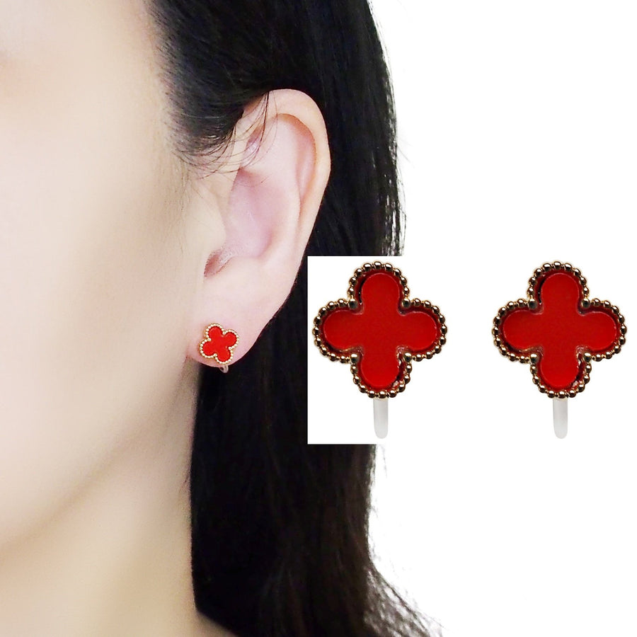 Red Clover Invisible Clip On Stud Earrings ( Gold tone )