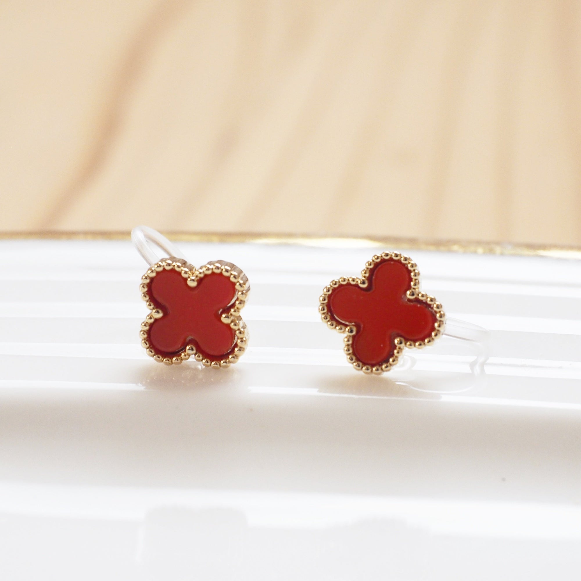 Red Clover Invisible Clip On Stud Earrings ( Gold tone )