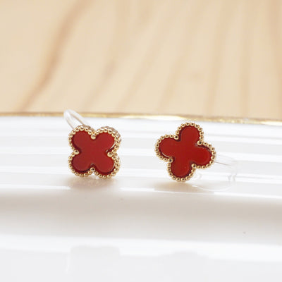 Red Clover Invisible Clip On Stud Earrings ( Gold tone )