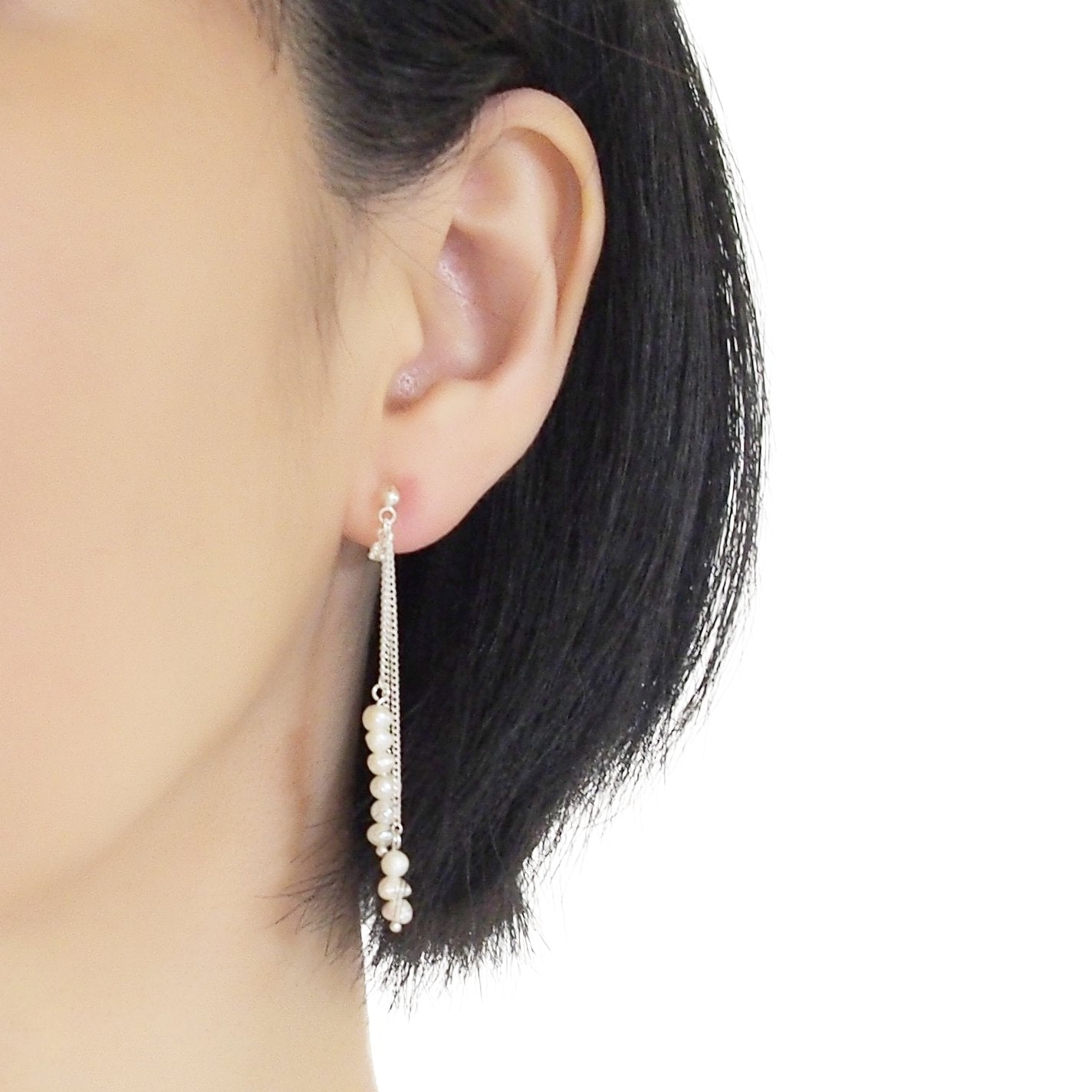 Dangle Beaded White Freshwater Pearl Invisible Clip On Earrings (Silver tone) - miyabigracejewelry.com