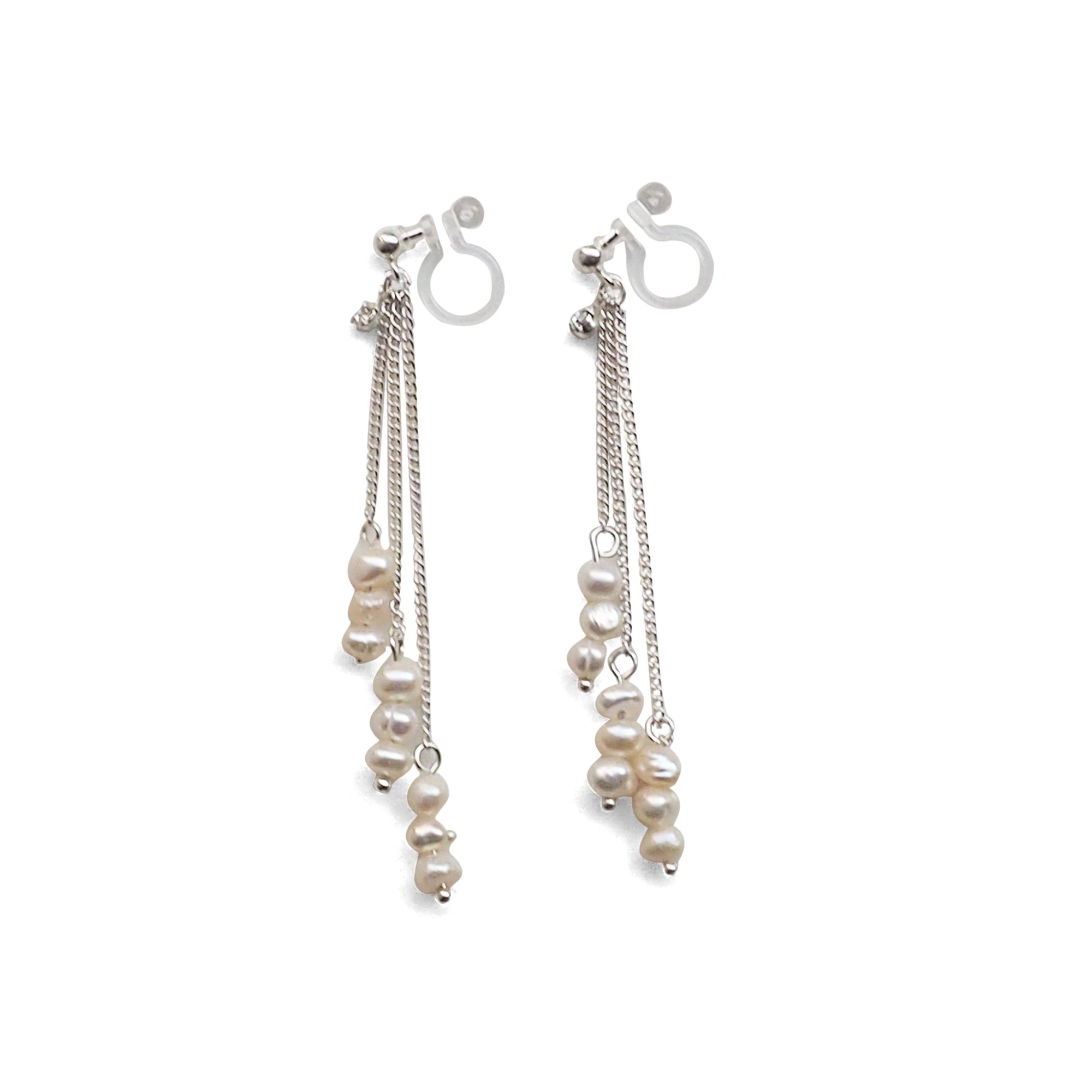Dangle Beaded White Freshwater Pearl Invisible Clip On Earrings (Silver tone) - miyabigracejewelry.com