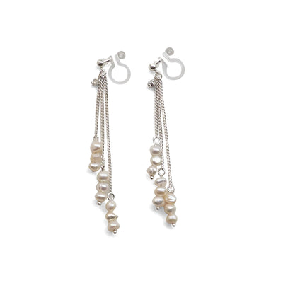 Dangle Beaded White Freshwater Pearl Invisible Clip On Earrings (Silver tone) - miyabigracejewelry.com